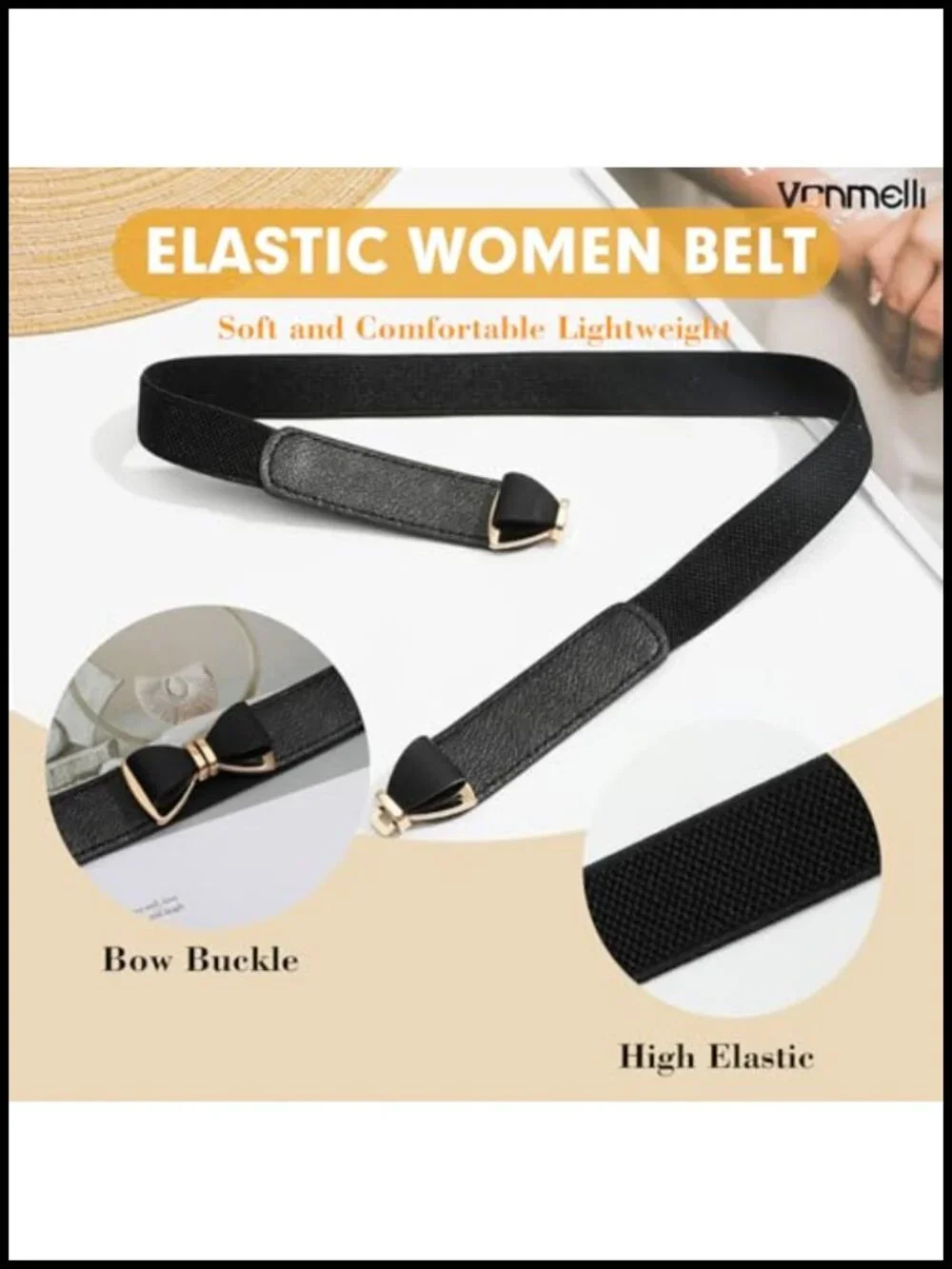 Women's Skinny Elastic Stretch Bow Belt Faux Leather Hook Closure